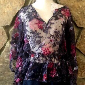 NWOT Free People Lace Batwing Sleeve Peplum Blouse, Size S